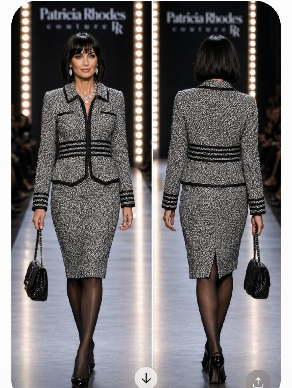 Patricia Rhodes Couture Black White Boucle Tweed Crystal Peplum skirt Suit 12 - Picture 6 of 16